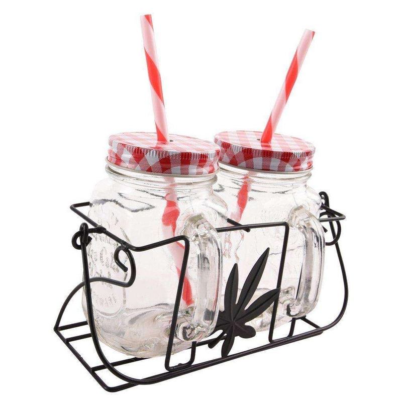 Trinkglas Henkelglas mit Strohhalm Deckel 2er Set in einem Trageständer