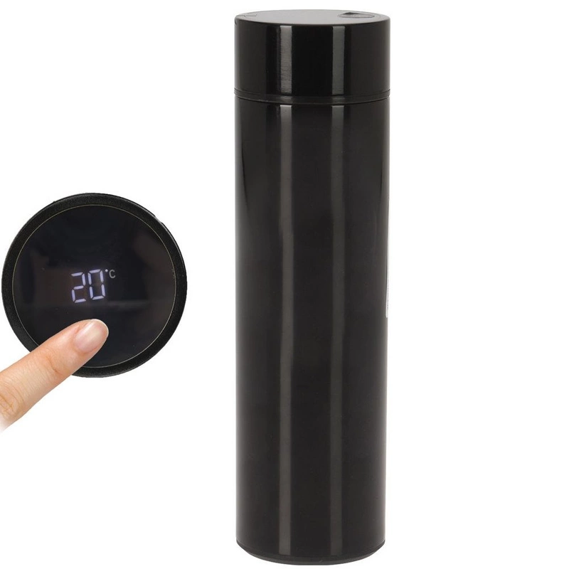Isolierflasche Thermosflasche Thermoskanne Trinkflasche aus Edelstahl mit Thermometer schwarz 0,45 L